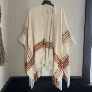 Free People Stripe Fringe Ruana One Size Beige Bohemian Sweater Cape Poncho